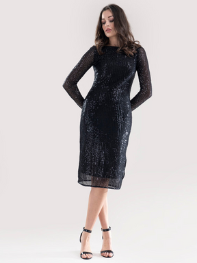 Sequin Net Boat Neck Shift Dress - Black