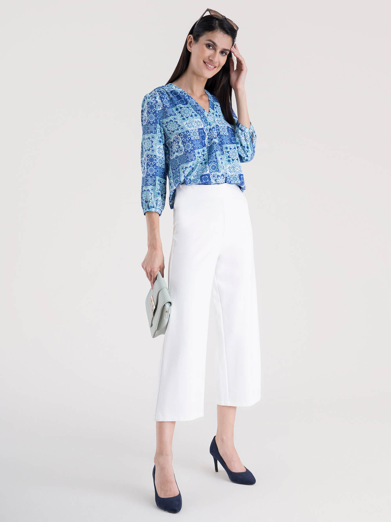 V Neck Abstract Print Top - Blue