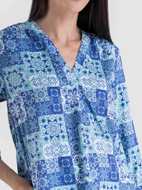 V Neck Abstract Print Top - Blue