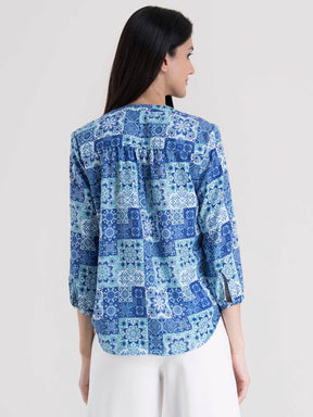 V Neck Abstract Print Top - Blue