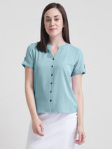 V Neck Button Detail Top - Teal