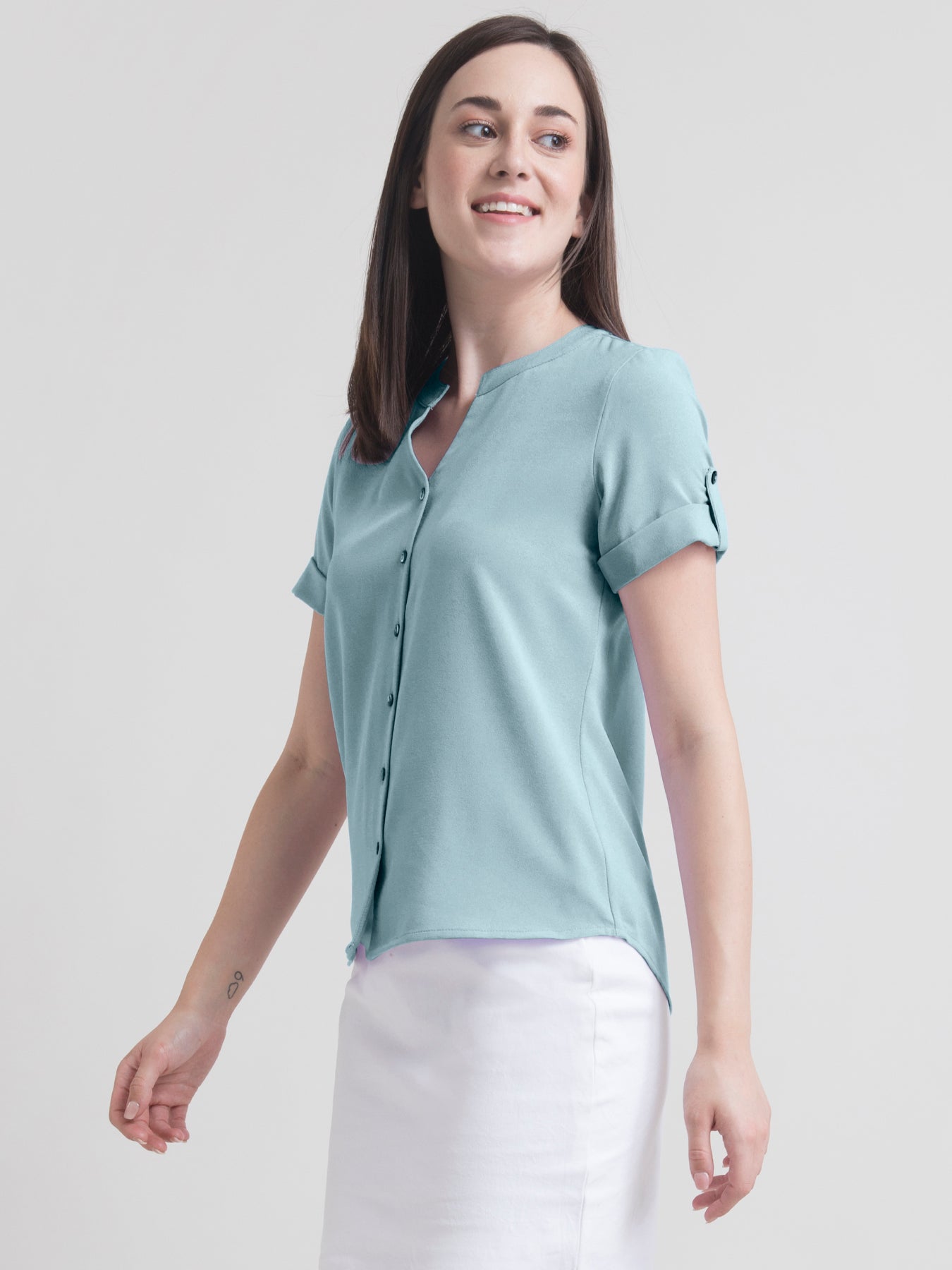 V Neck Button Detail Top - Teal