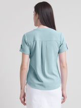 V Neck Button Detail Top - Teal