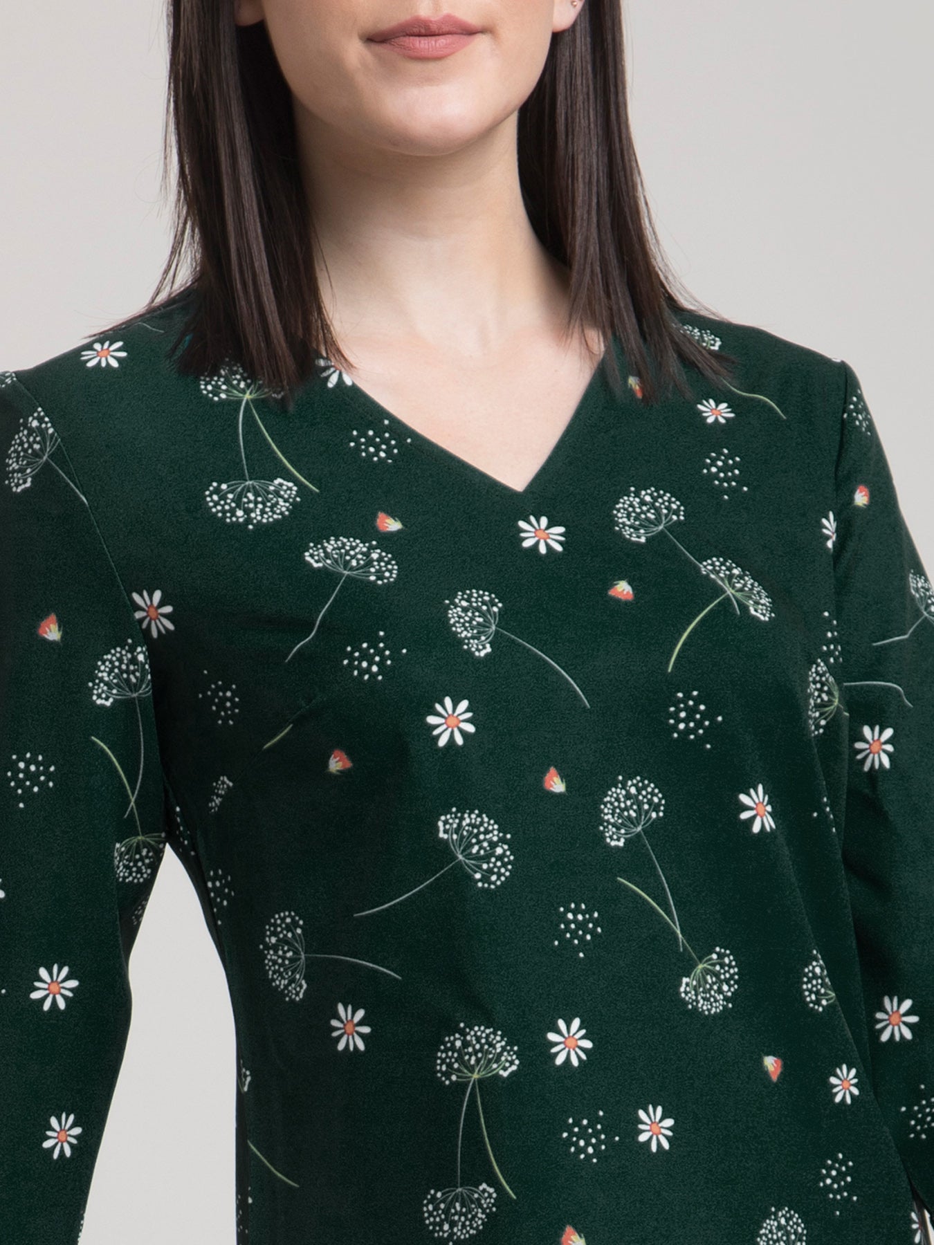 V Neck Ditsy Floral Top - Green and White