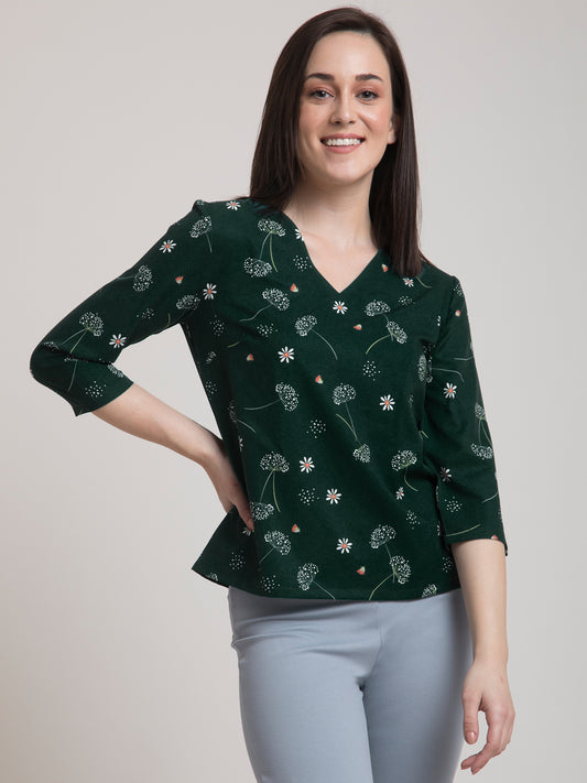 V Neck Ditsy Floral Top - Green and White
