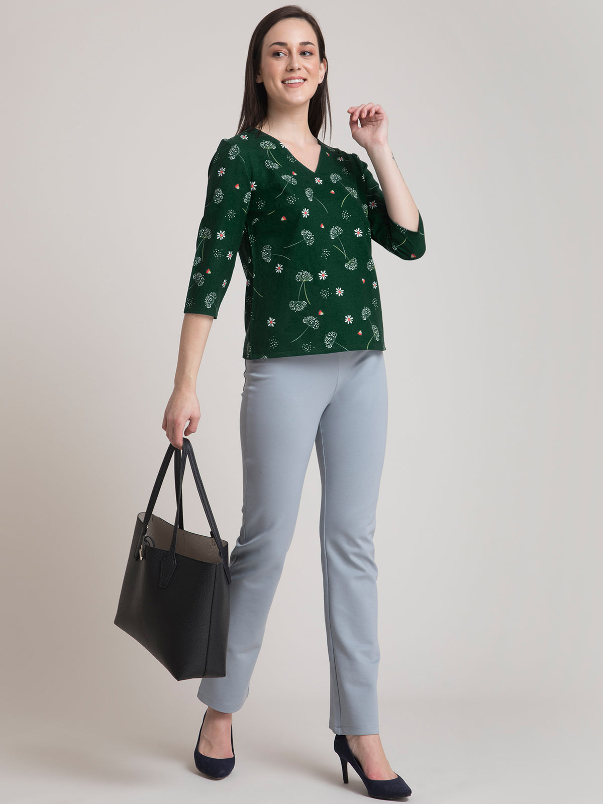 V Neck Ditsy Floral Top - Green and White