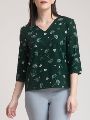 V Neck Ditsy Floral Top - Green and White