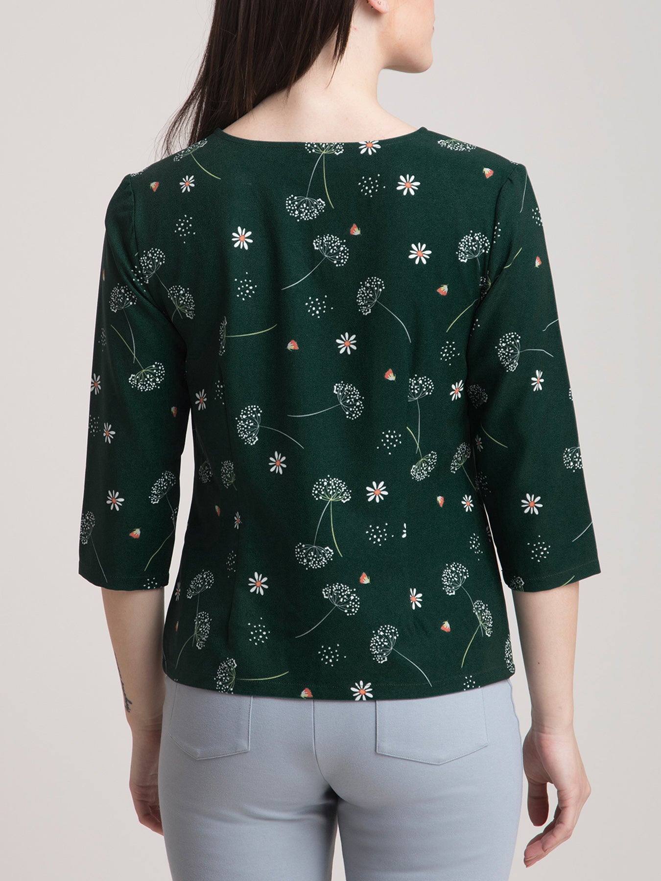 V Neck Ditsy Floral Top - Green and White