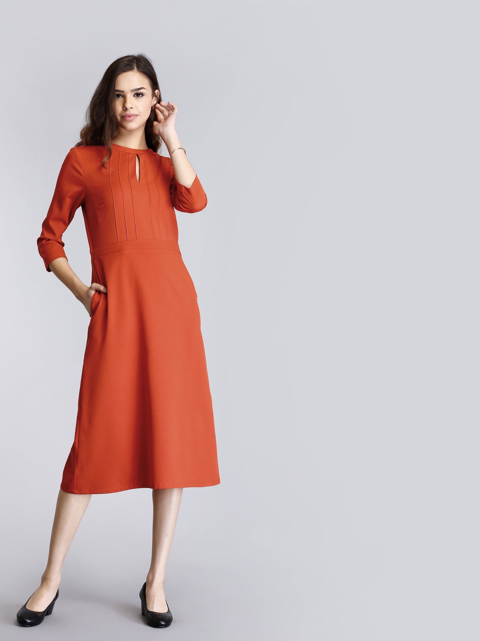 A Line Midi Dress With Pintucks - Rust| Formal Dresses