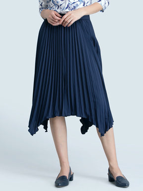 Asymmetric Pleated Skirt - Navy