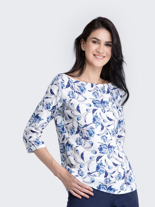 Boat Neck Floral Top - Blue