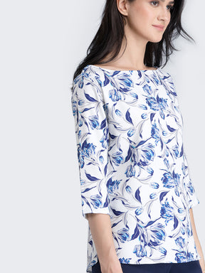 Boat Neck Floral Top - Blue