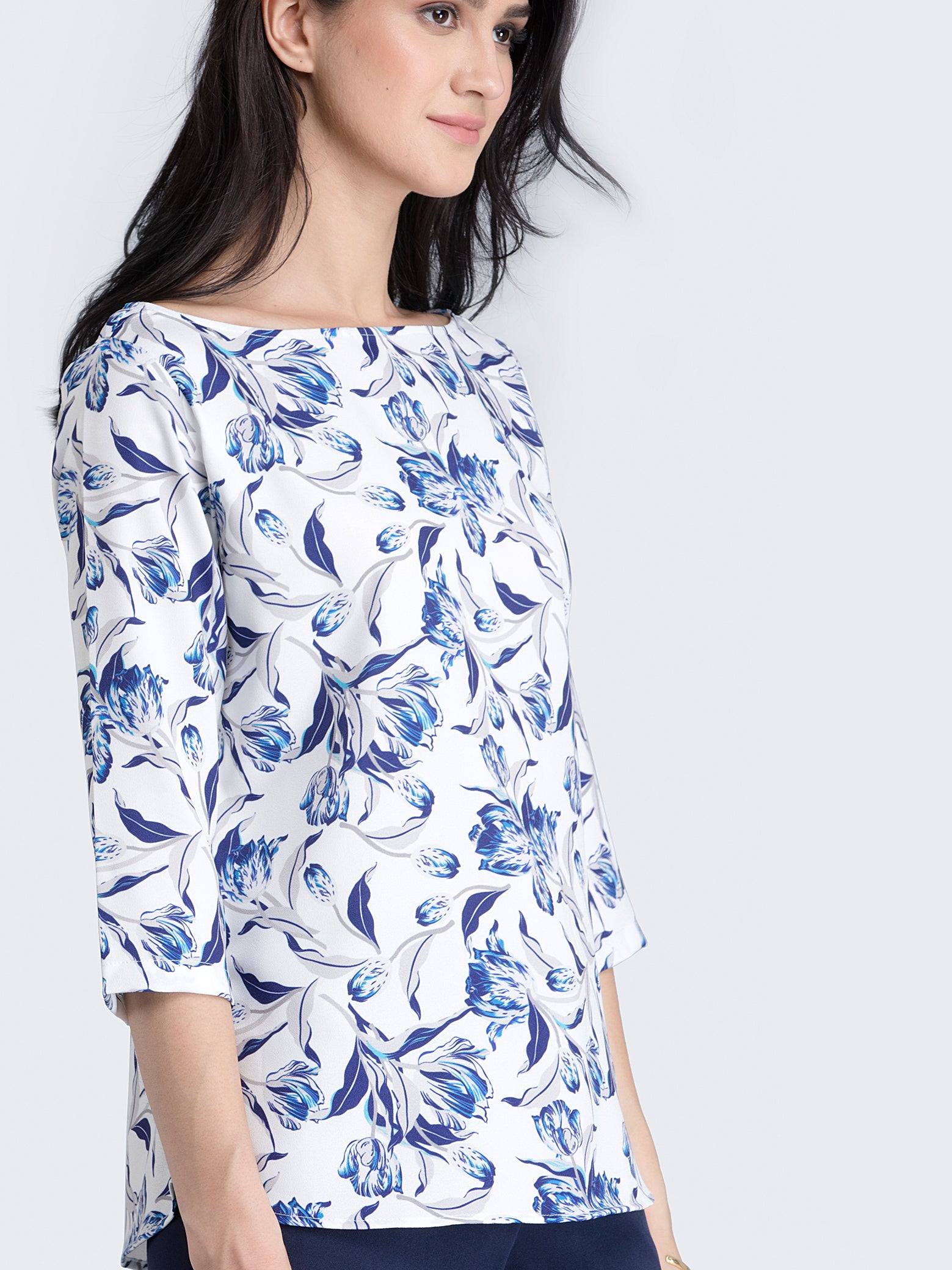 Boat Neck Floral Top - Blue