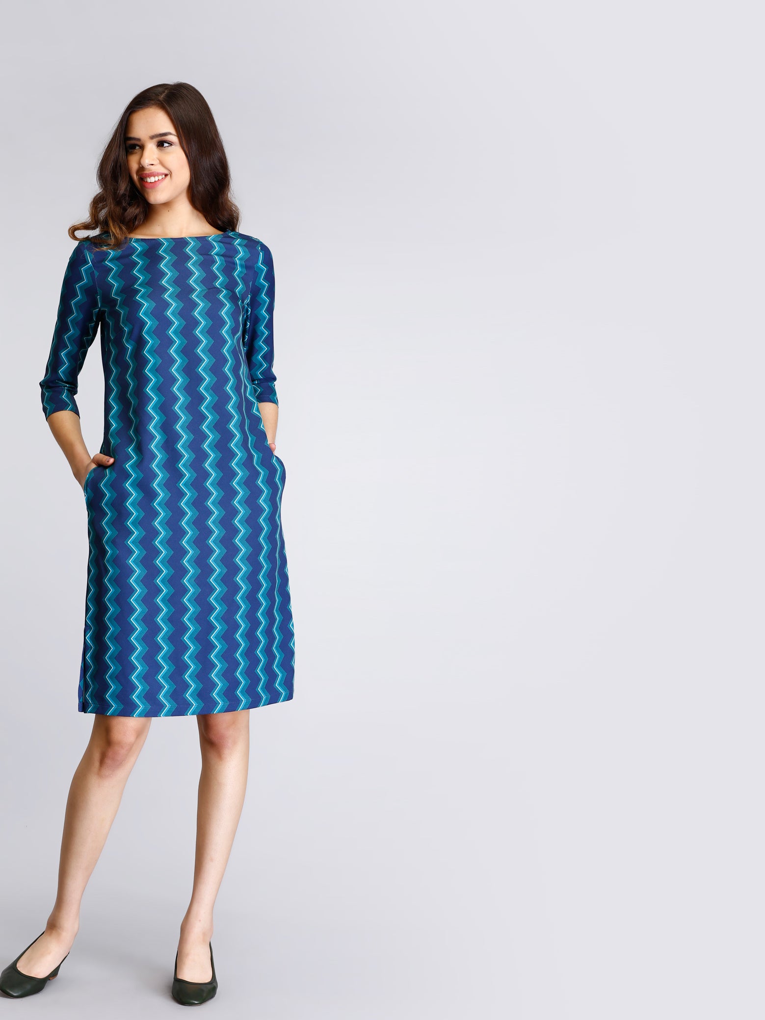 Boat Neck Geometric Print Shift Dress - Blue and Green| Formal Dresses