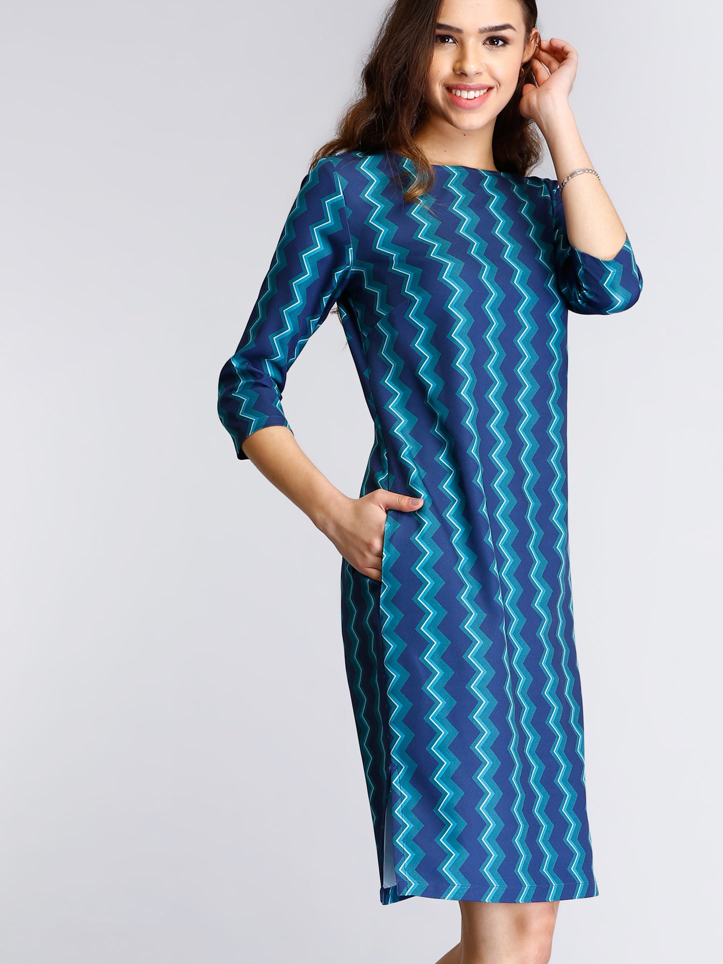 Boat Neck Geometric Print Shift Dress - Blue and Green| Formal Dresses