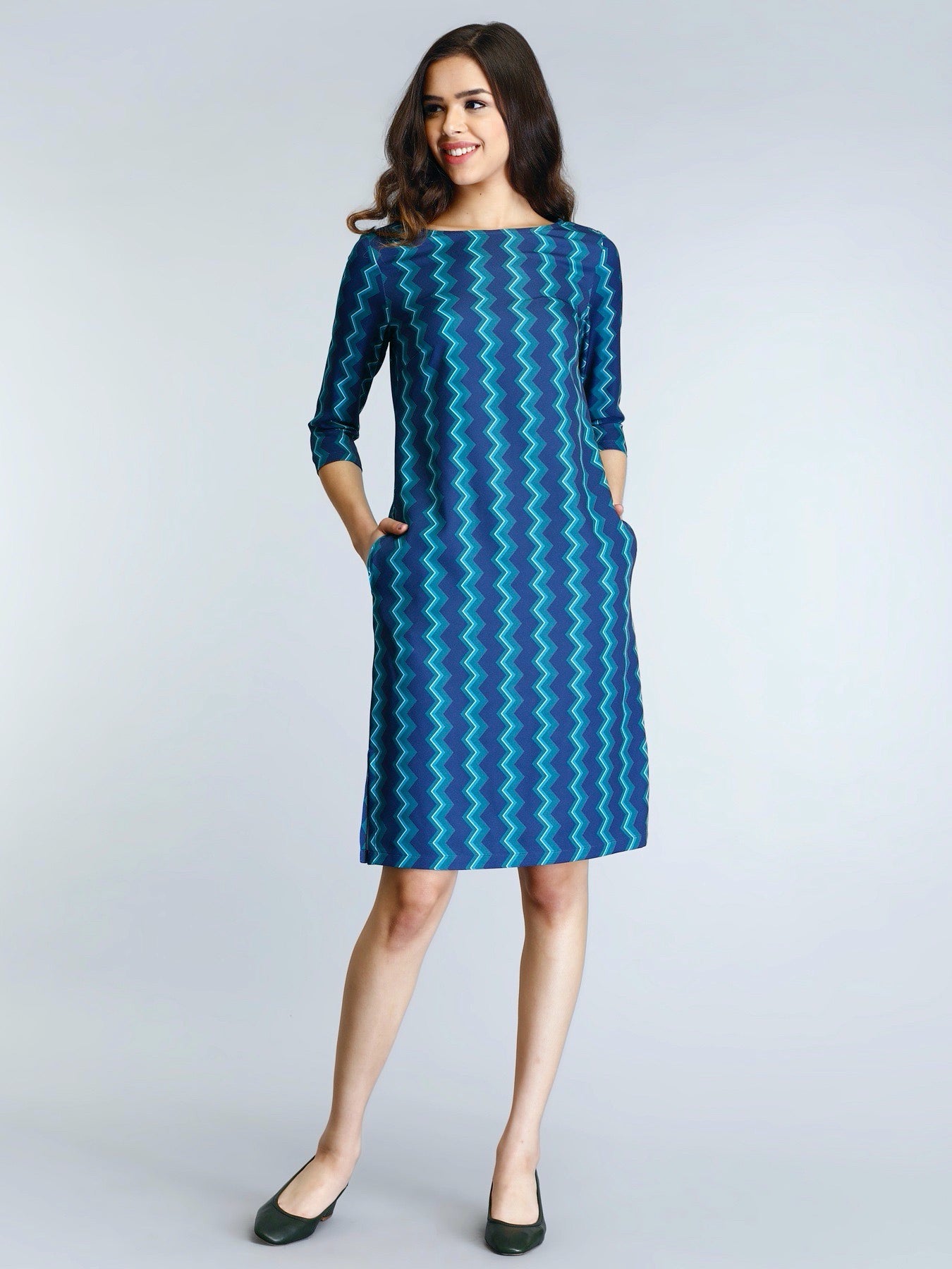Boat Neck Geometric Print Shift Dress - Blue and Green| Formal Dresses