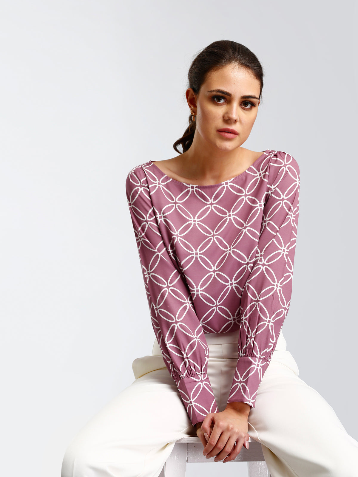 Boat Neck Geometric Print Top - Pink