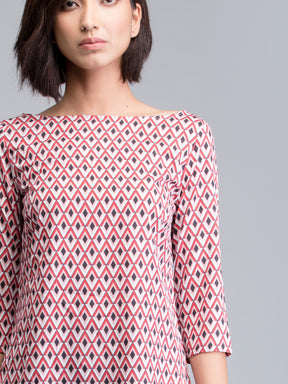 Boat Neck Geometric Print Top - Red| Formal Tops