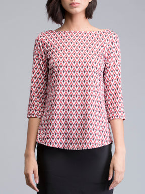 Boat Neck Geometric Print Top - Red| Formal Tops