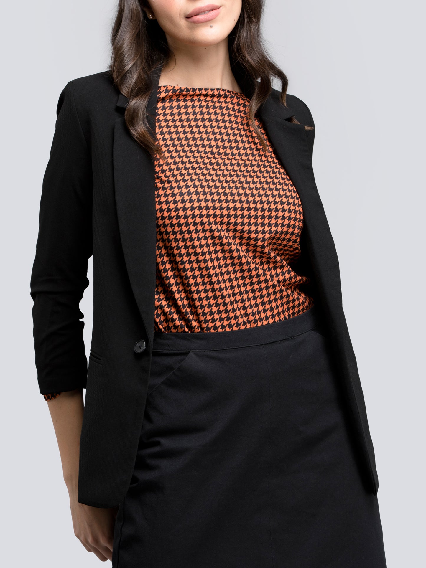 Boat Neck Houndstooth Print Top - Orange and Black