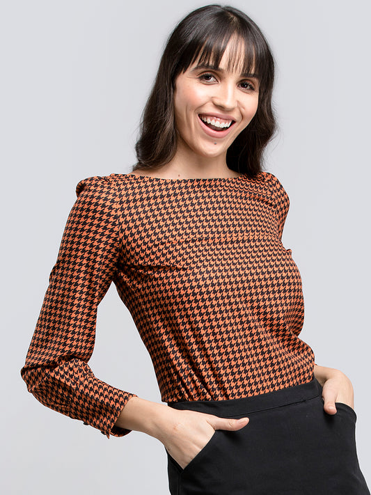 Boat Neck Houndstooth Print Top - Orange and Black