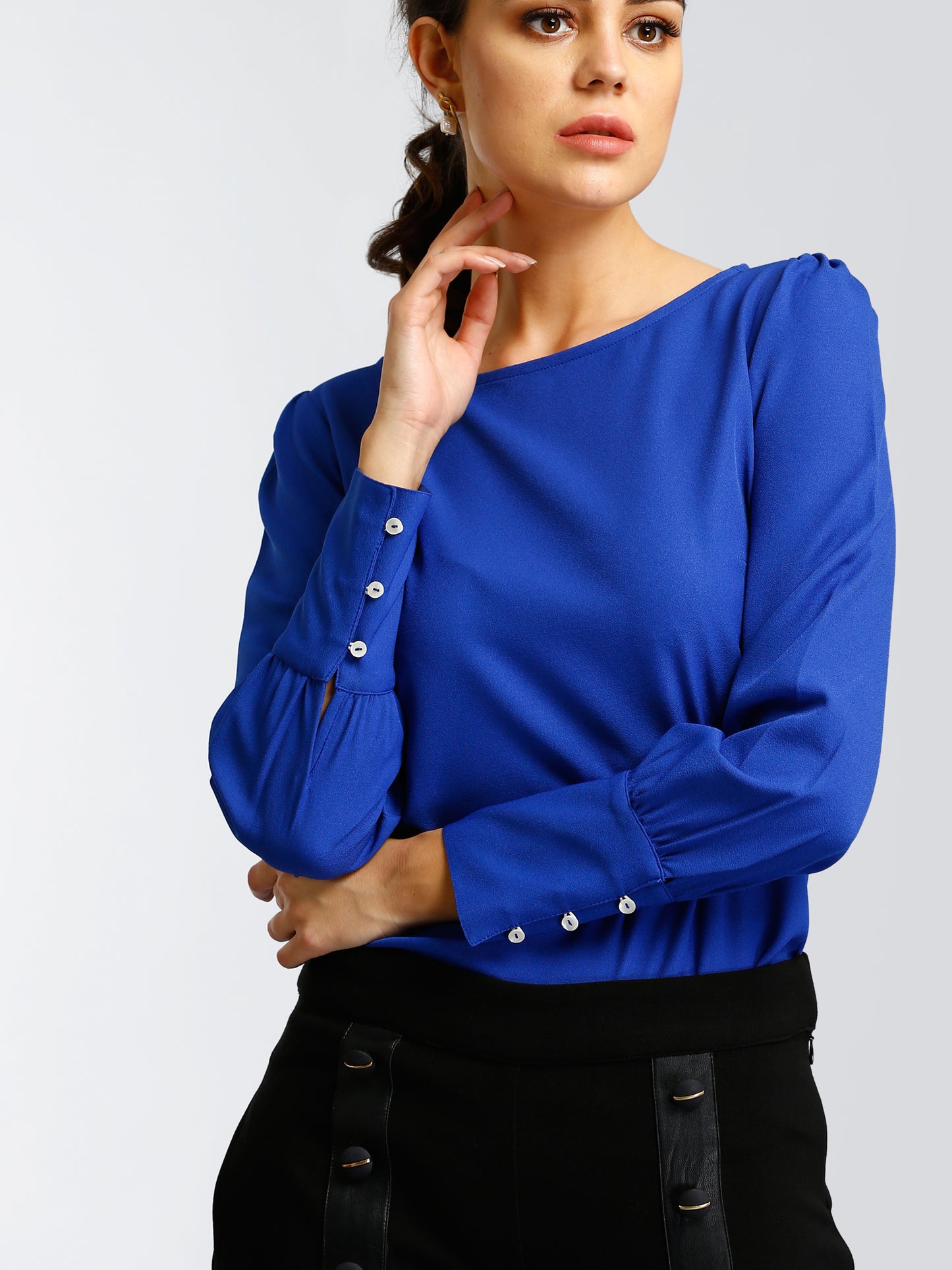 Boat Neck Top With Gather Details - Cobalt Blue