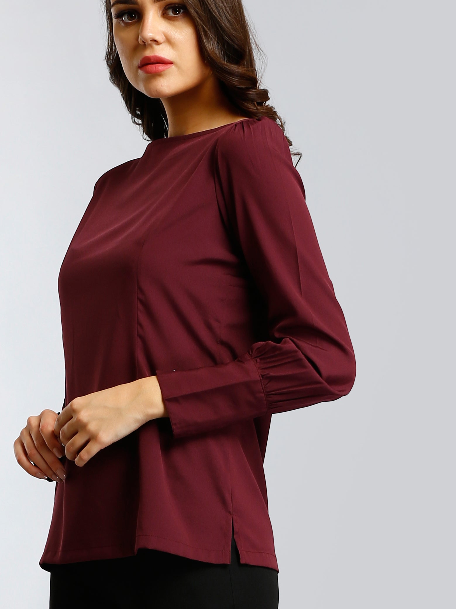 Boat Neck Top With Gather Details - Maroon