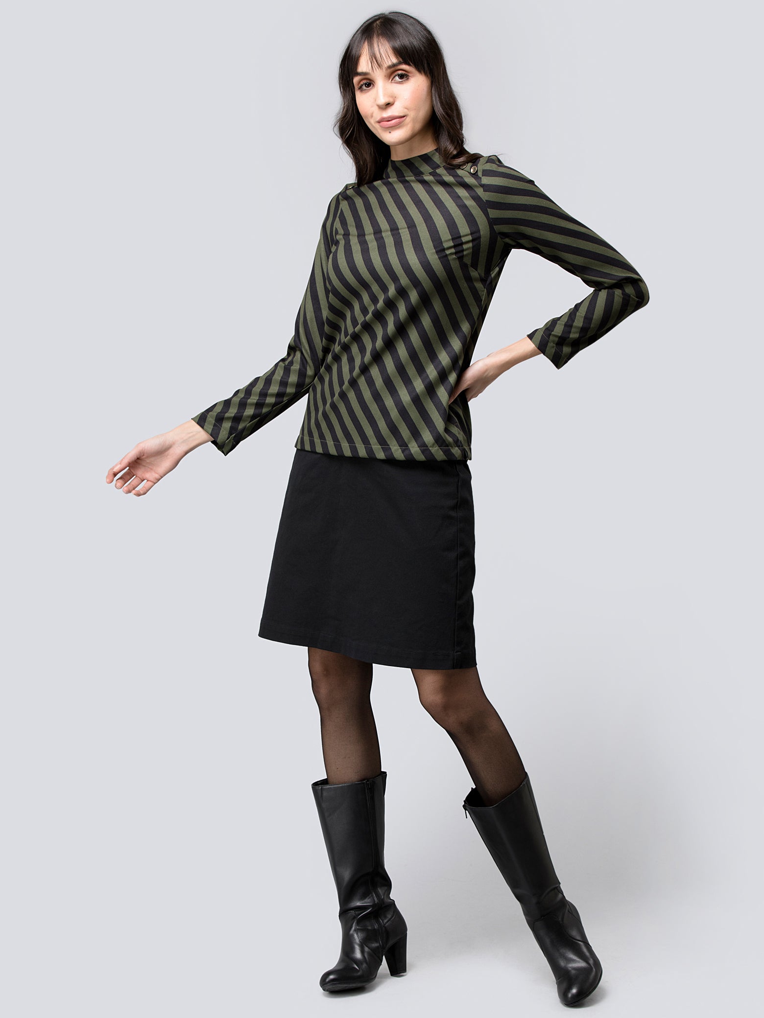 Button Detail Striped Top - Black and Olive| Formal Tops