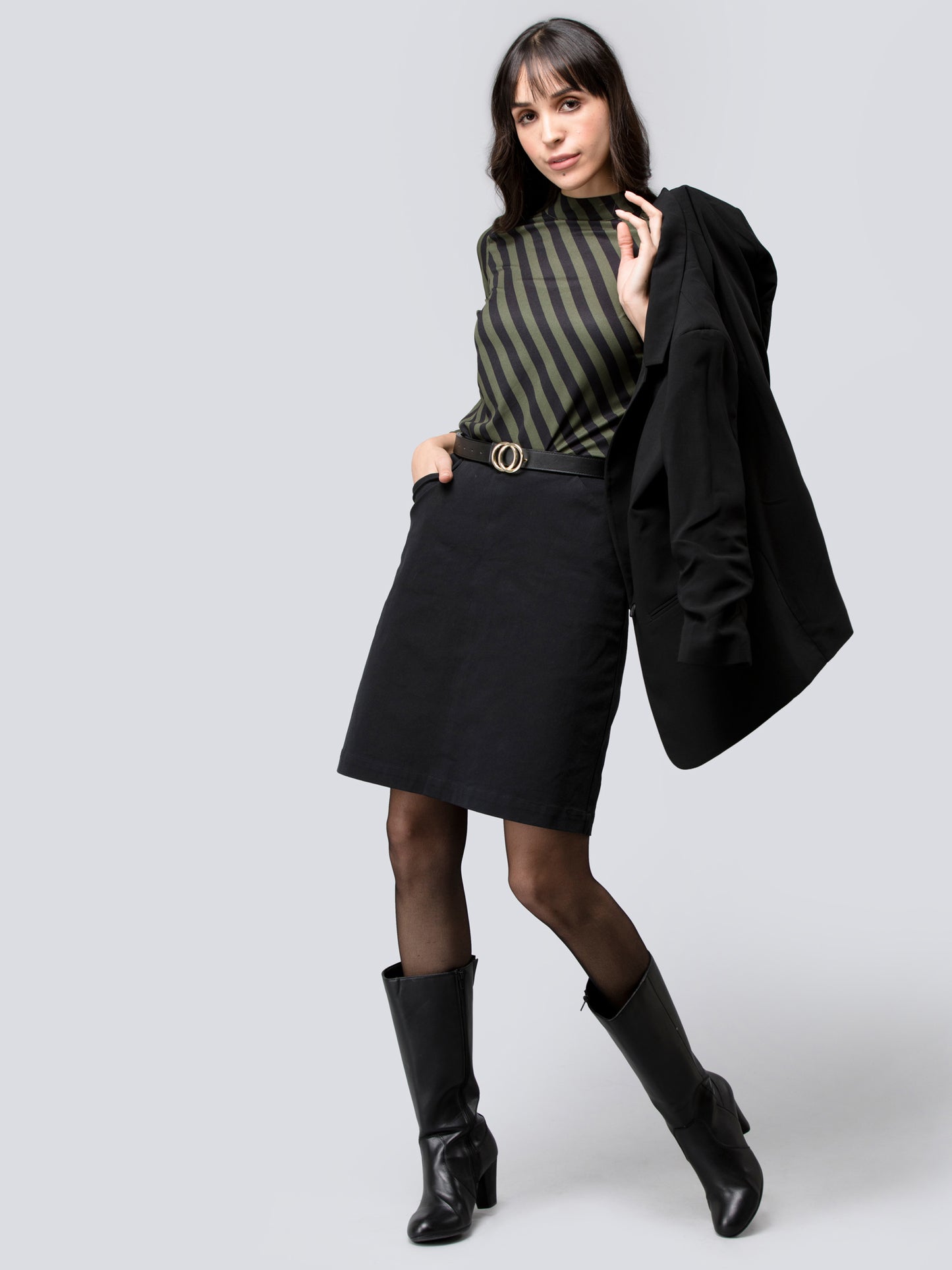 Button Detail Striped Top - Black and Olive| Formal Tops