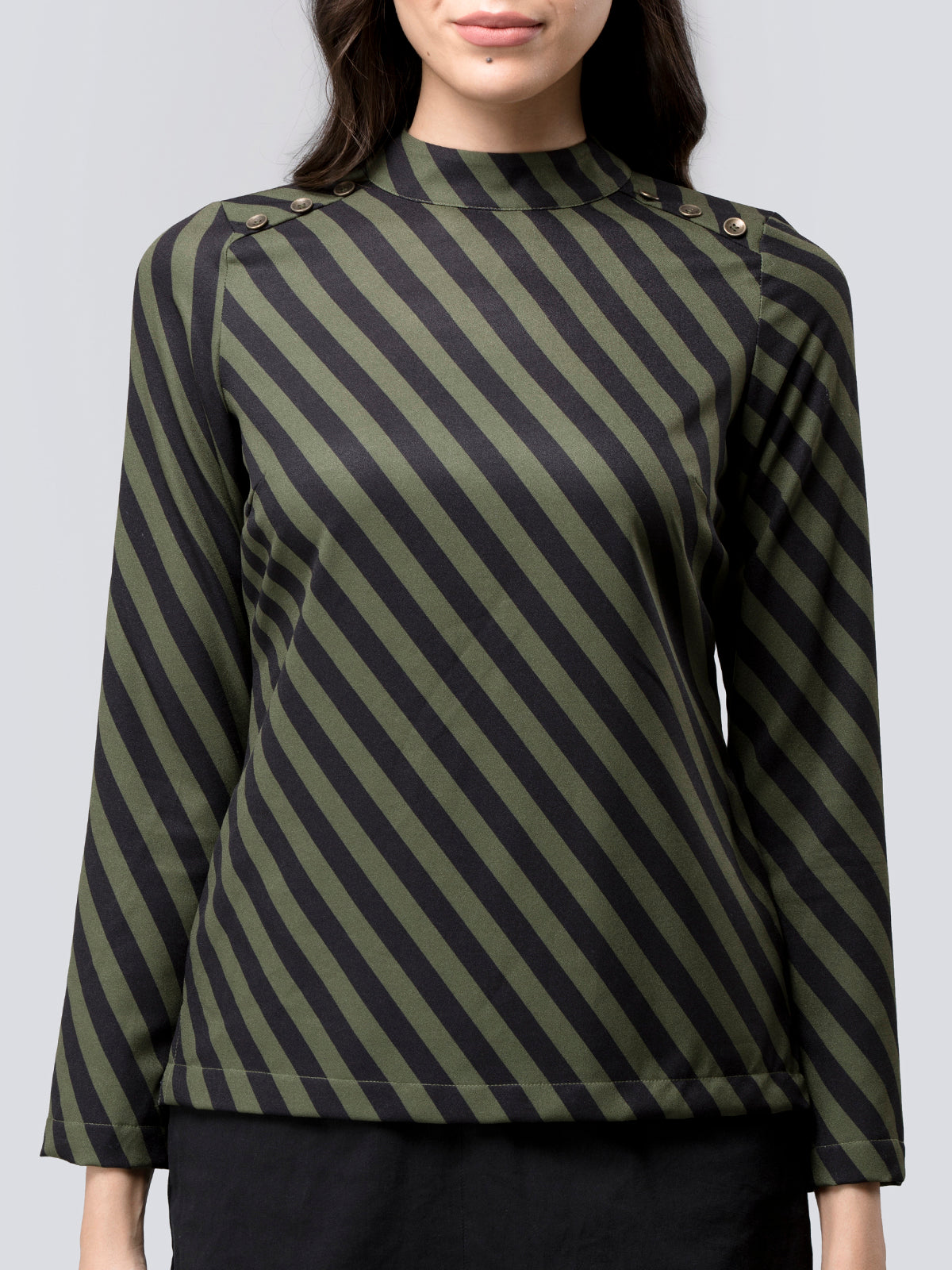 Button Detail Striped Top - Black and Olive| Formal Tops