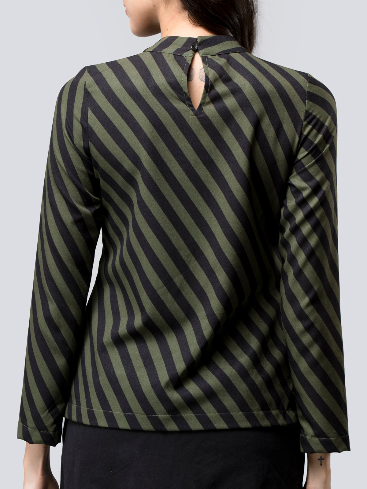 Button Detail Striped Top - Black and Olive| Formal Tops