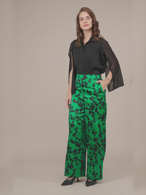 Satin Floral Print Trousers - Green And Black