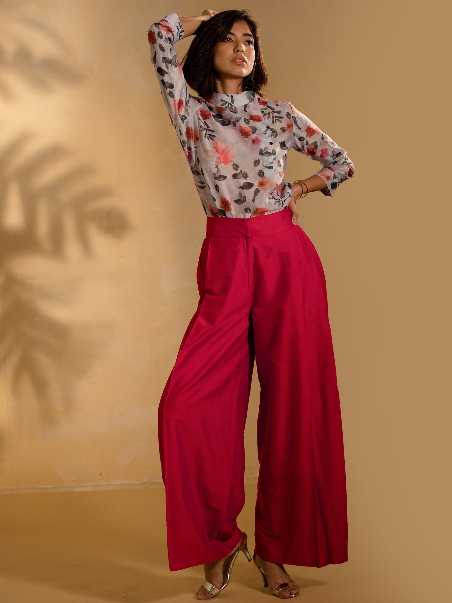 Chanderi Side Button Floral Top - Silver White