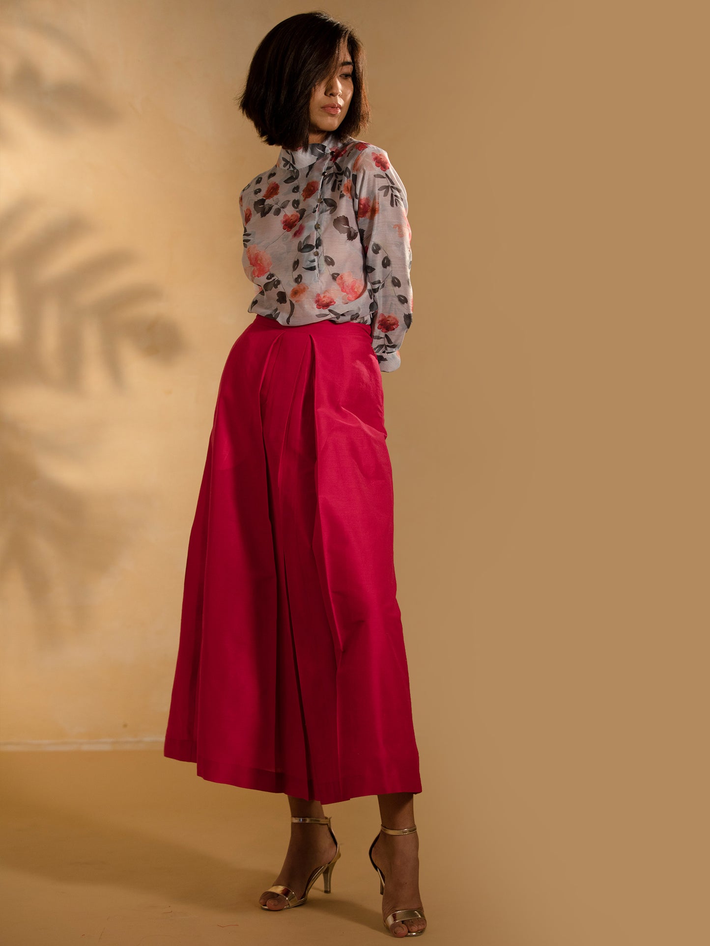 Chanderi Side Button Floral Top - Silver White