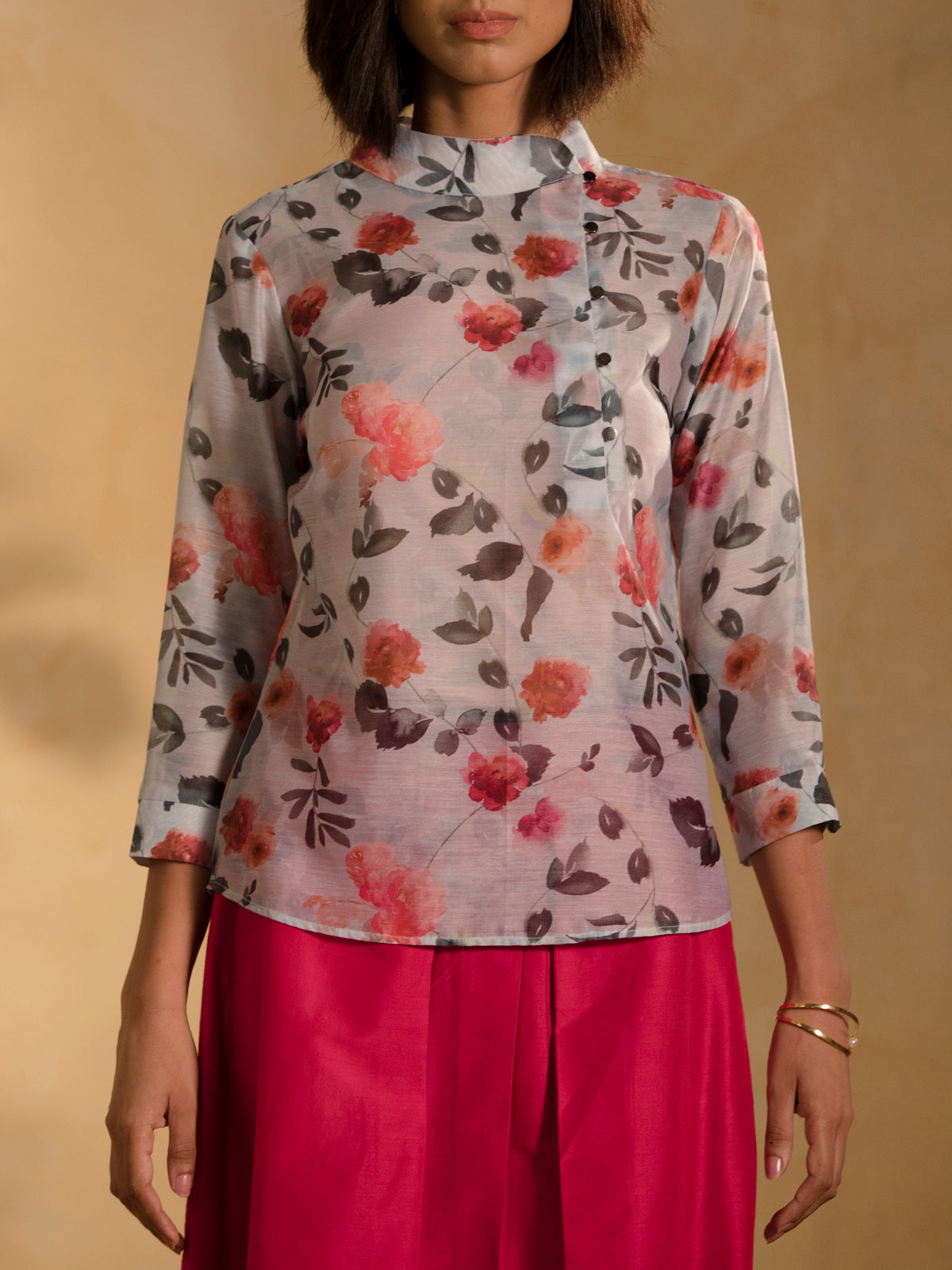Chanderi Side Button Floral Top - Silver White