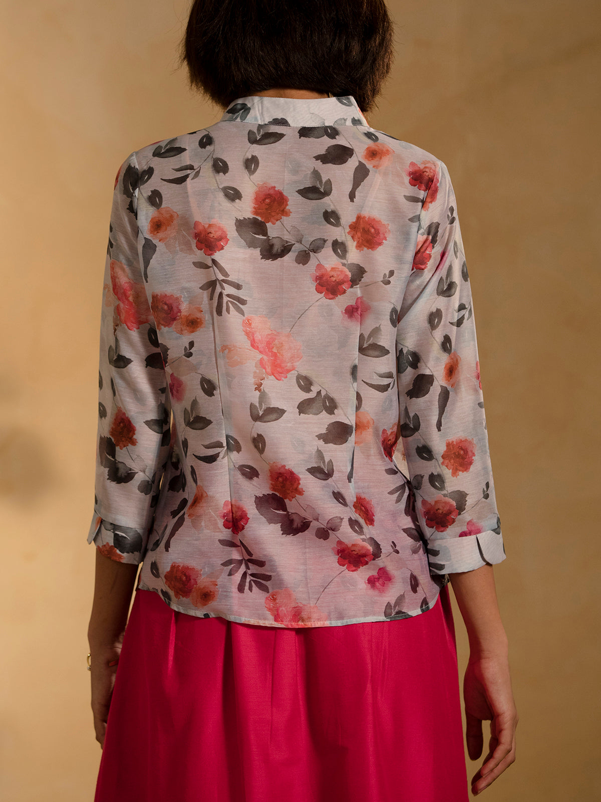 Chanderi Side Button Floral Top - Silver White