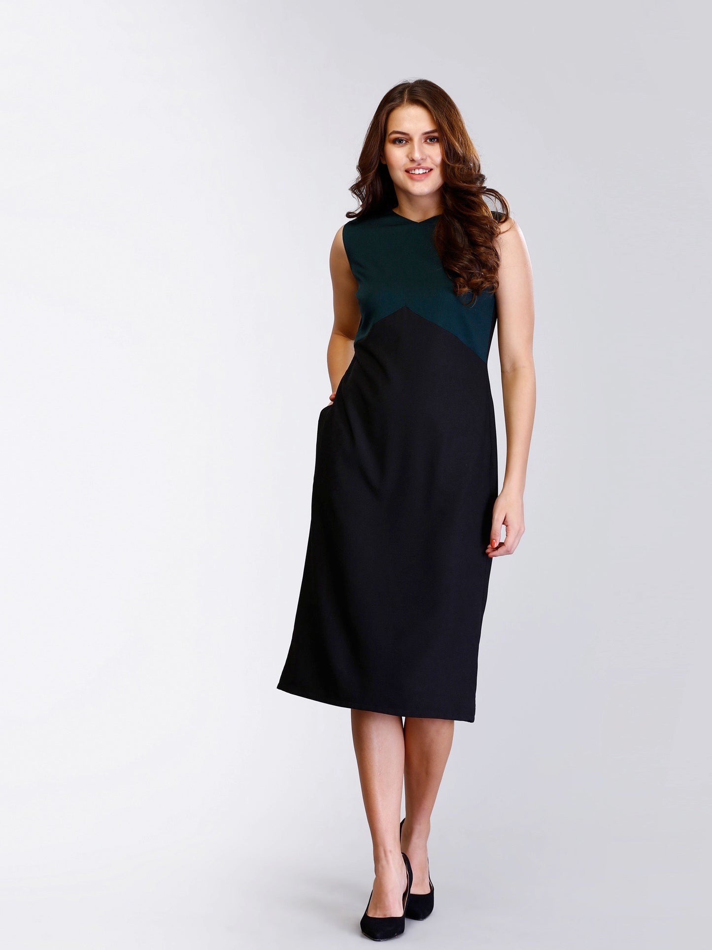 Colour Block V Neck Shift Dress - Green and Black| Formal Dresses