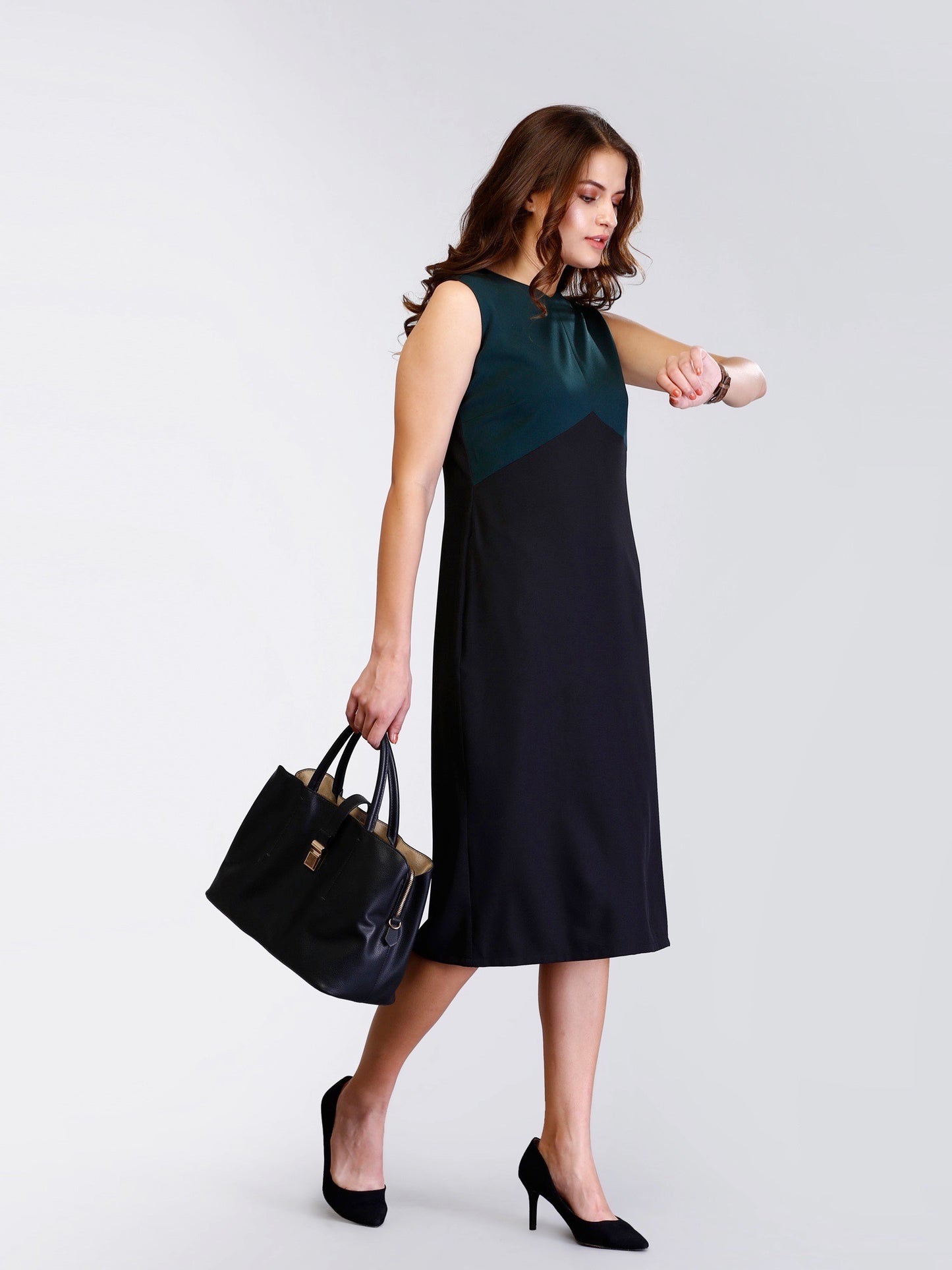 Colour Block V Neck Shift Dress - Green and Black| Formal Dresses