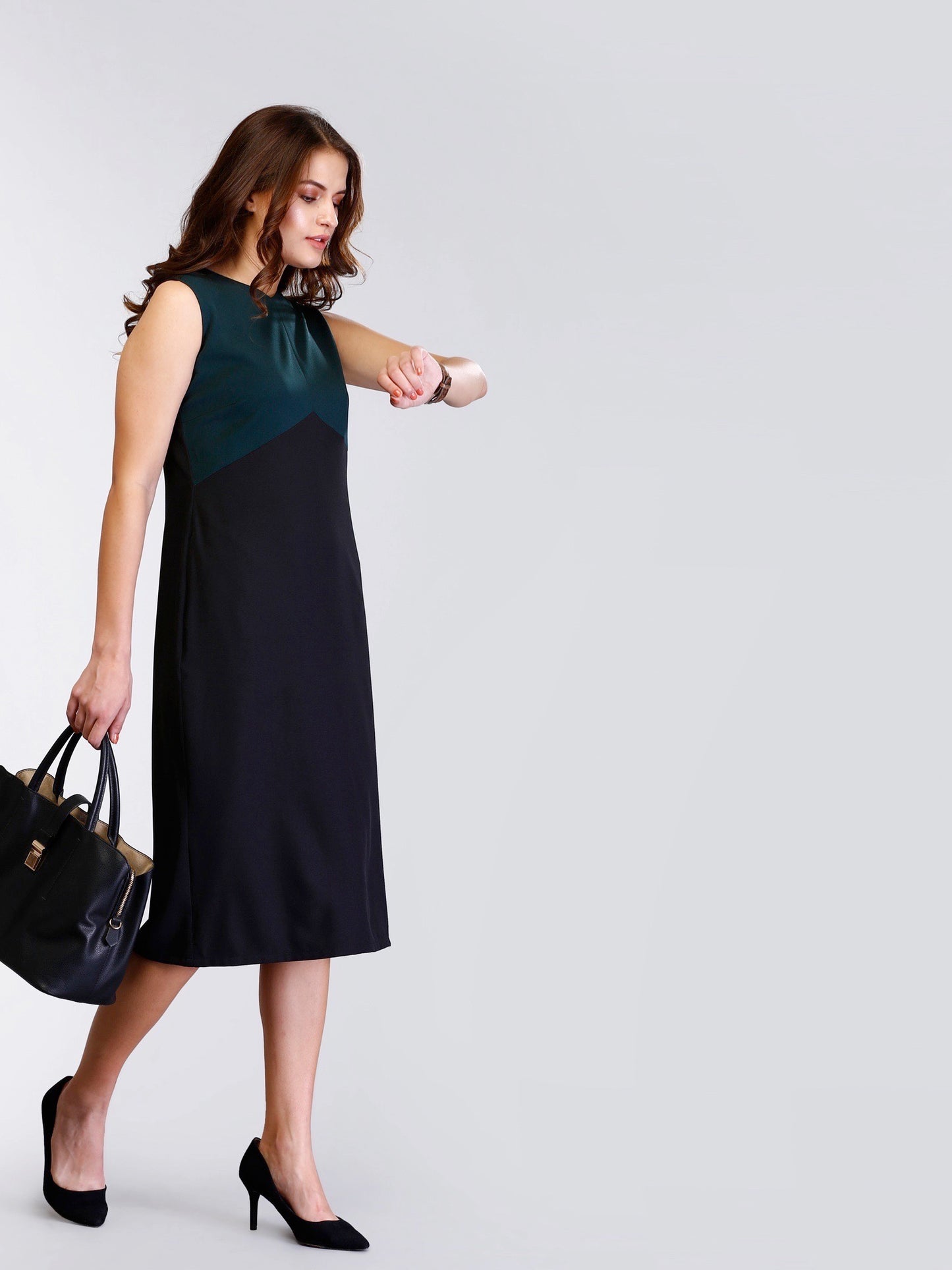 Colour Block V Neck Shift Dress - Green and Black| Formal Dresses
