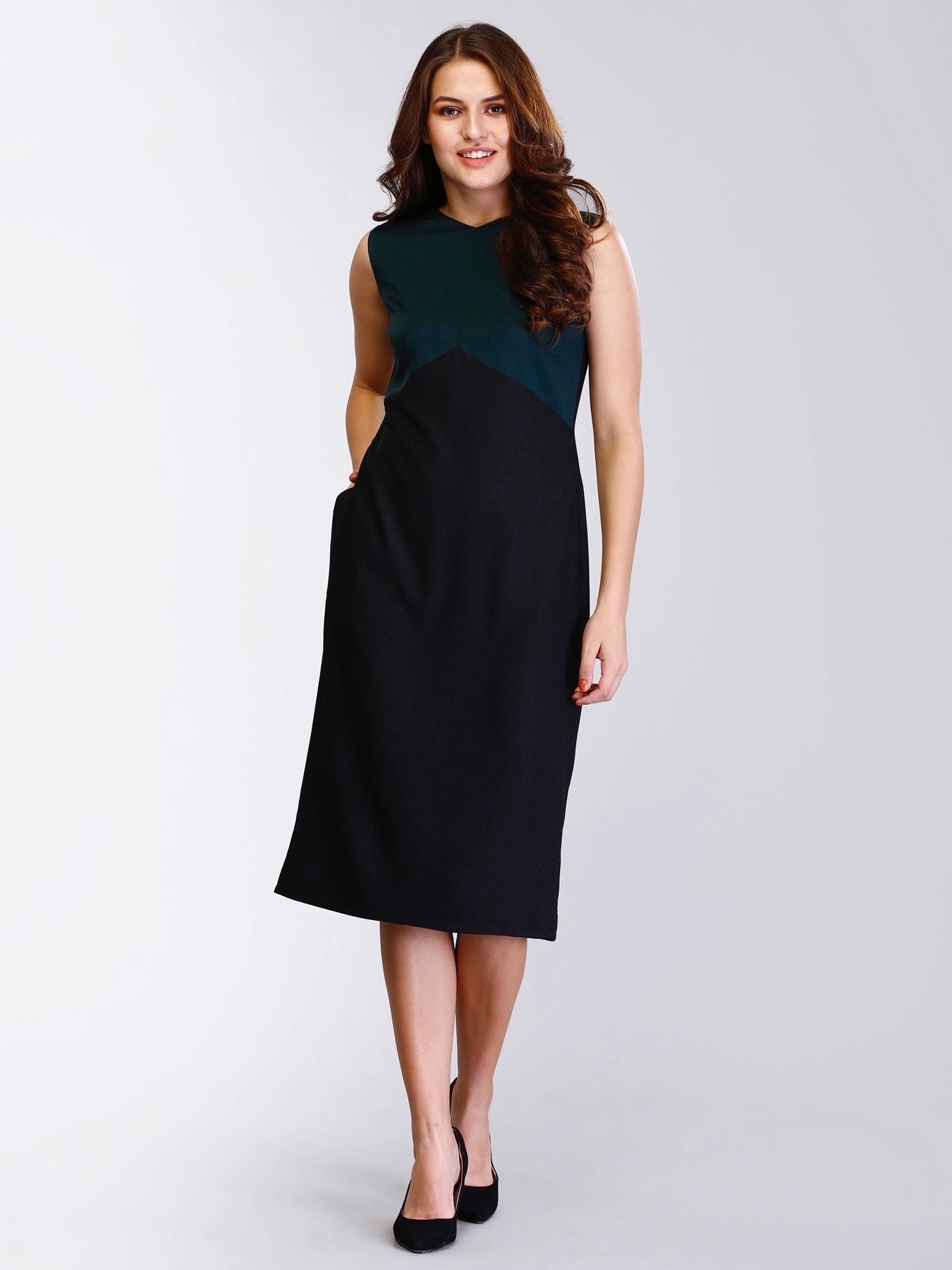 Colour Block V Neck Shift Dress - Green and Black| Formal Dresses