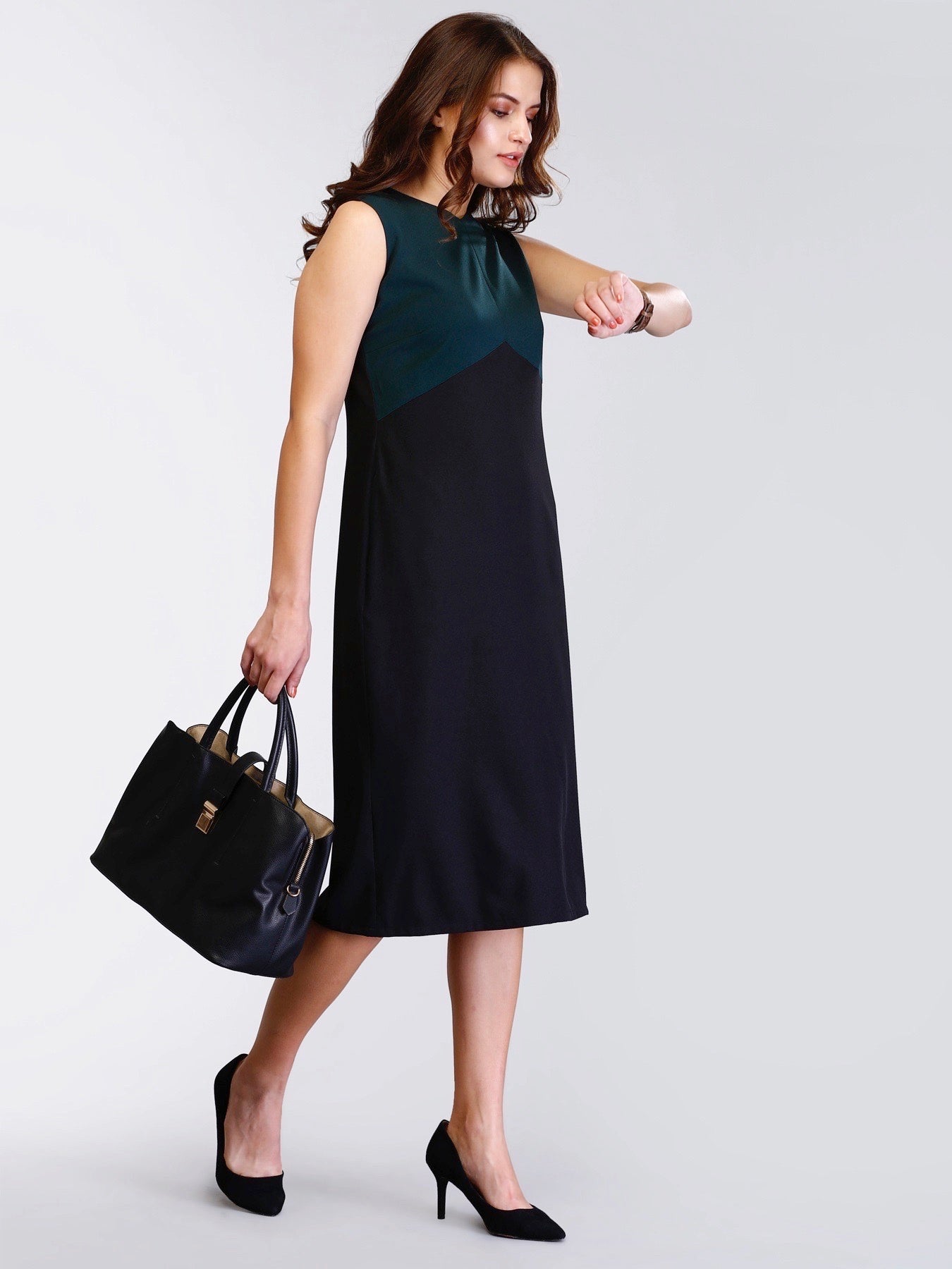 Colour Block V Neck Shift Dress - Green and Black| Formal Dresses