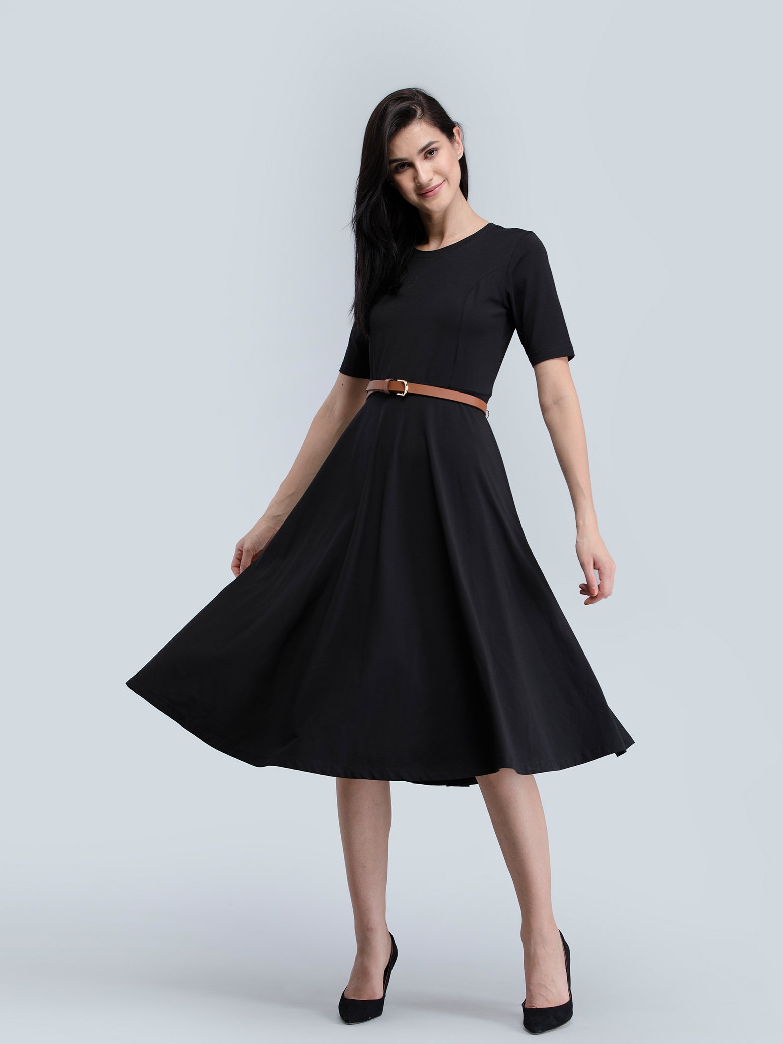 Cotton Round Neck Knitted Fit And Flare Dress - Black| Formal Dresses
