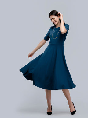 Cotton Round Neck Knitted Fit And Flare Dress - Blue