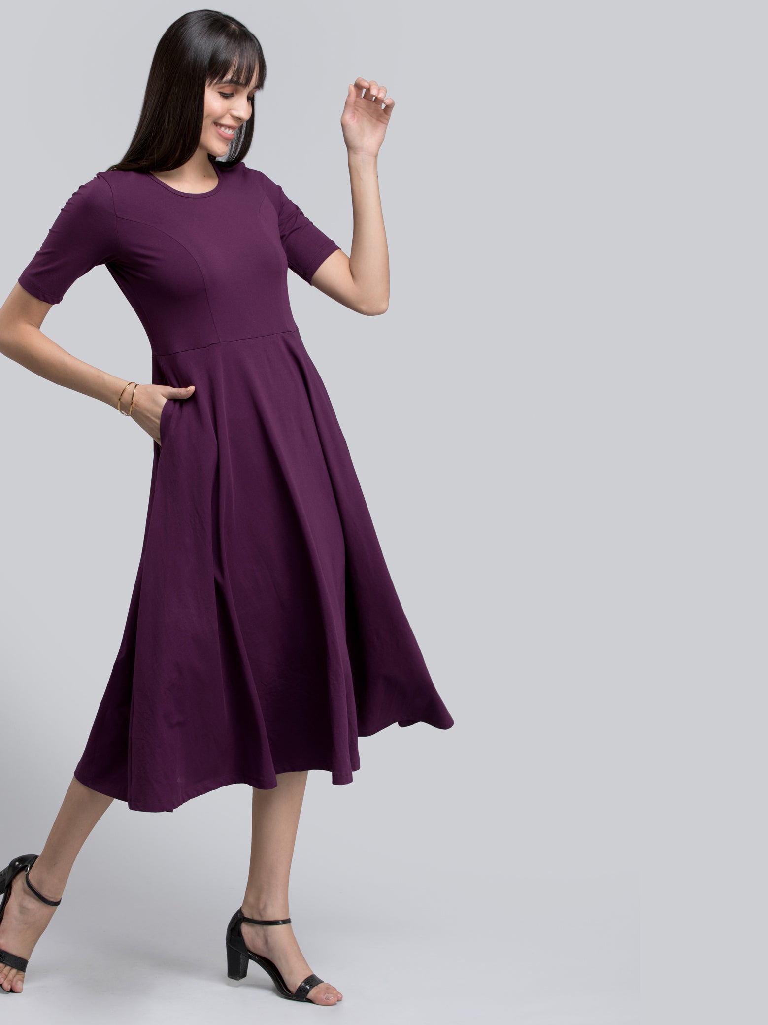 Cotton Round Neck Knitted Fit And Flare Dress - Purple