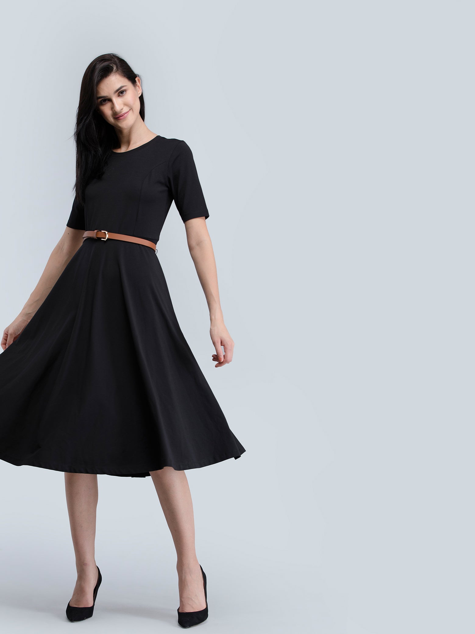 Cotton Round Neck Knitted Fit And Flare Dress - Black| Formal Dresses