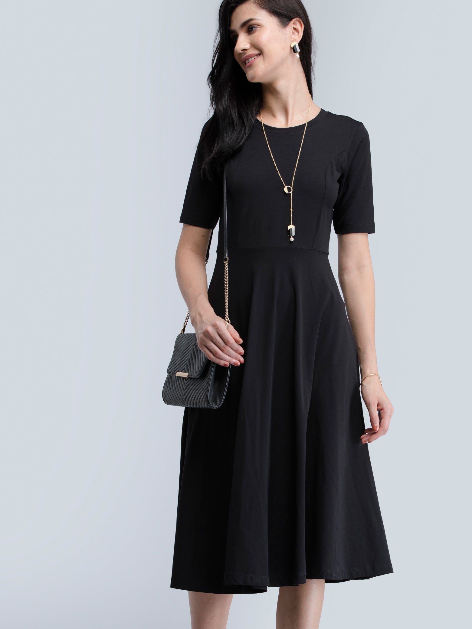 Cotton Round Neck Knitted Fit And Flare Dress - Black| Formal Dresses