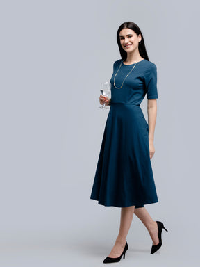 Cotton Round Neck Knitted Fit And Flare Dress - Blue