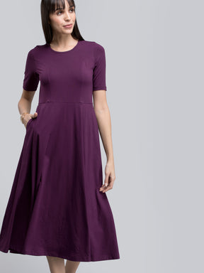 Cotton Round Neck Knitted Fit And Flare Dress - Purple