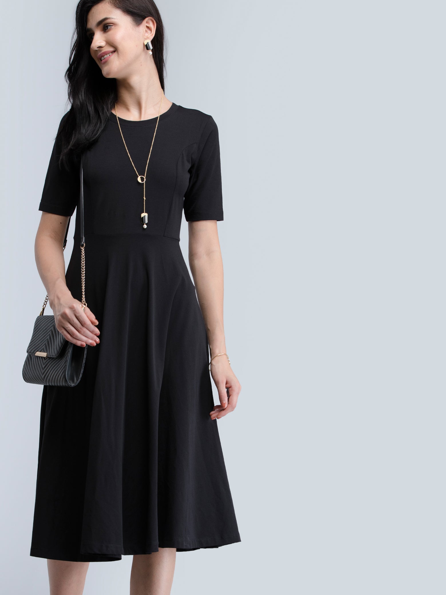 Cotton Round Neck Knitted Fit And Flare Dress - Black| Formal Dresses