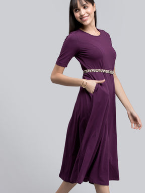 Cotton Round Neck Knitted Fit And Flare Dress - Purple